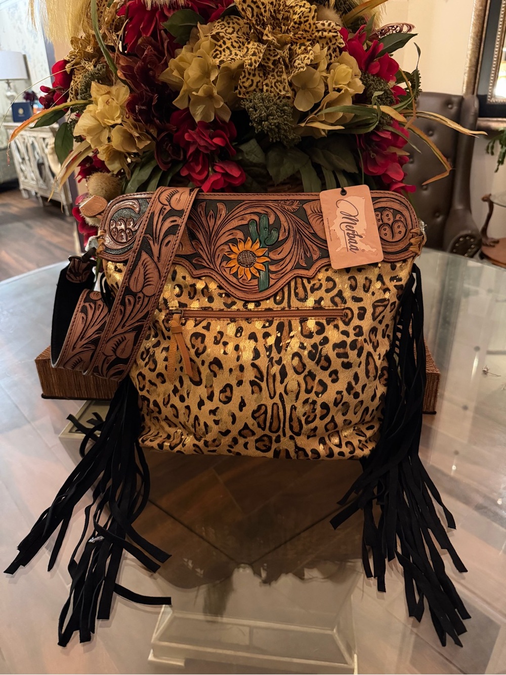 New Genuine Tooled Leather COWHIDE Hair on Hide Sunflower Crossbody Bag Handbag